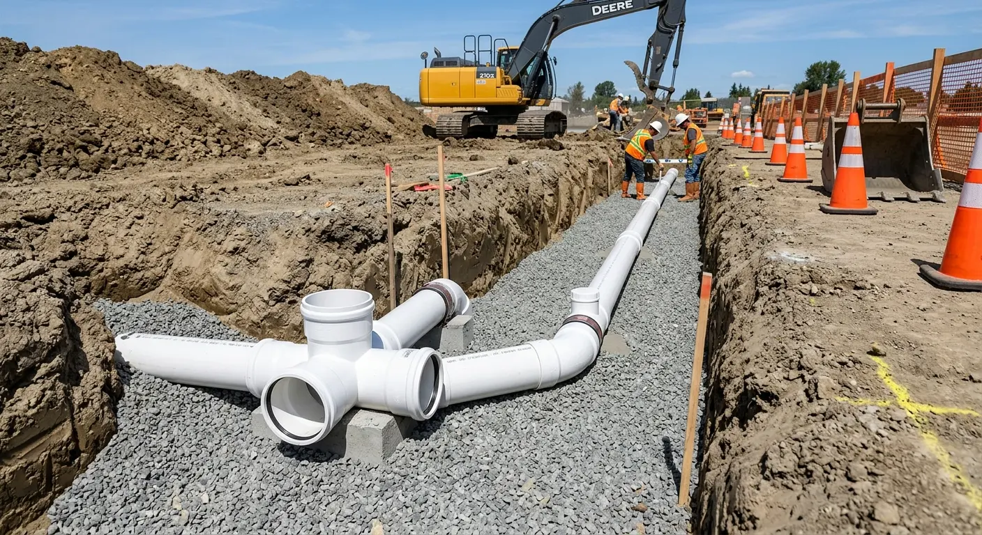 New PVC sewer pipe installation in open trench for Grease Trap Cleaning in Rock Springs