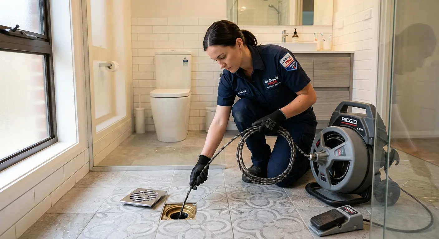 Technician clearing a bathroom floor drain for Sewer Line Replacement in Rock Springs